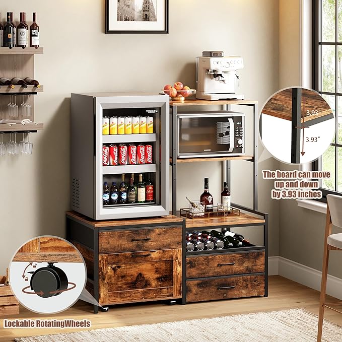 Mini Fridge Stand with Wine Rack, Kitchen Bakers Rack with Power Outlet, Microwave Oven Stand, Coffee Bar, Movable Drawers, for Dorm,Office, Brown HB04BXN