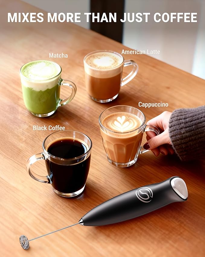 HeyLotie Milk Frother With Stand Handheld Frother Wand Drink Mixer Handheld Coffee Stirrers Electric Frother for Coffee Mixer Wand with 2 Whisk frother for protein powder-Black