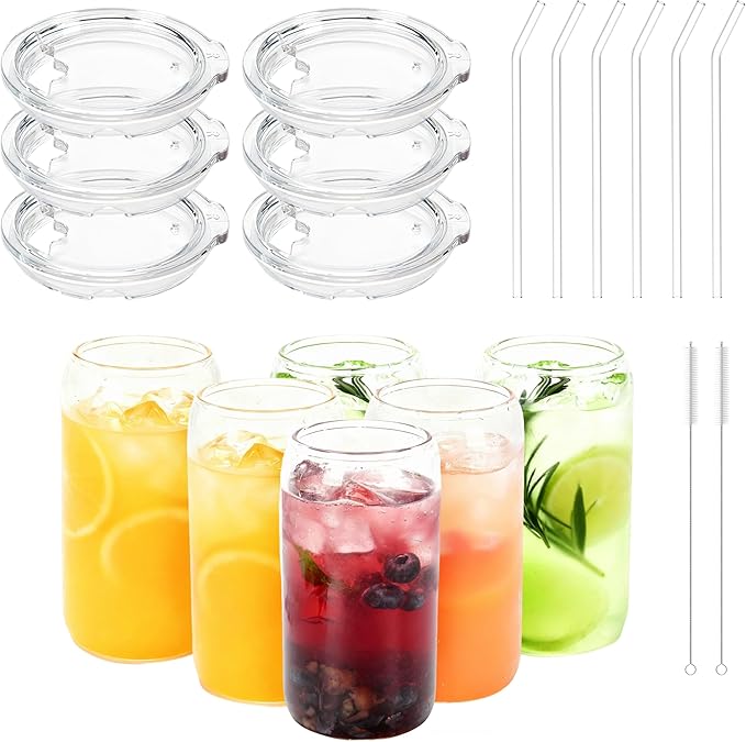 16OZ Drinking Glass Cup with Tritan Lid and Straw 6pcs Set, Cute Iced Coffee Cup, Aesthetic Glass Tumbler with Lid and Straw, Ideal Gift for Women, Birthday, Christmas