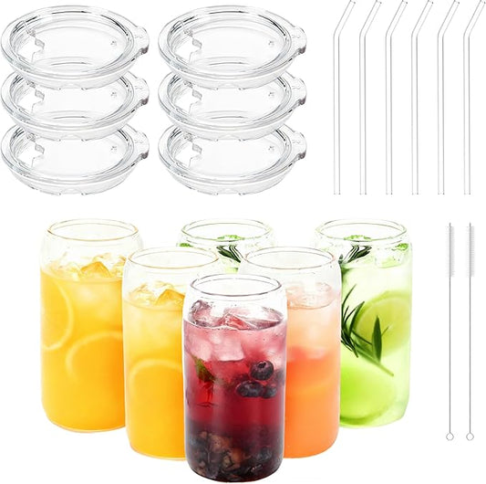 16OZ Drinking Glass Cup with Tritan Lid and Straw 6pcs Set, Cute Iced Coffee Cup, Aesthetic Glass Tumbler with Lid and Straw, Ideal Gift for Women, Birthday, Christmas