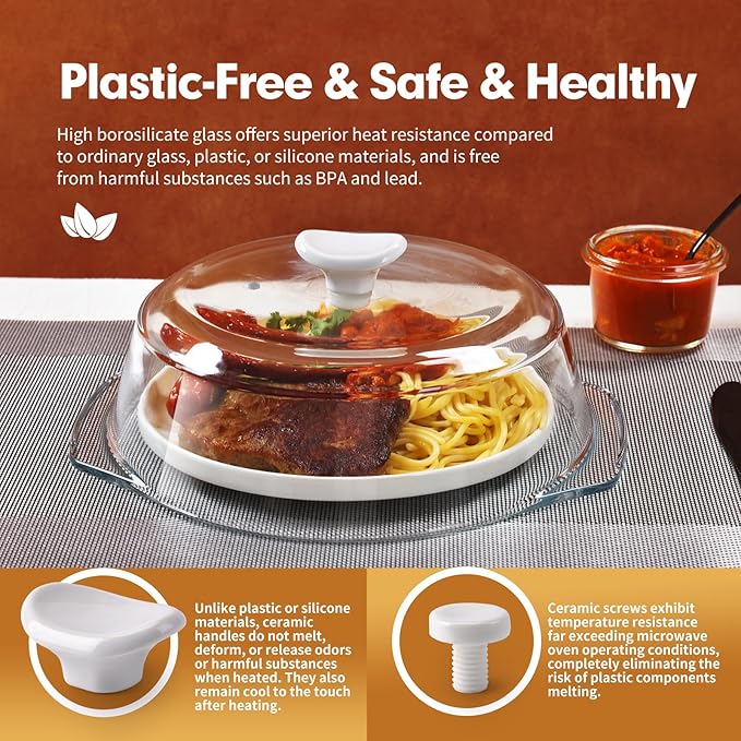 ACEPRUT New Upgrade Glass Microwave Splatter Cover for Food with Ceramic Handle & Screw, 100% Food Grade, Plastic-free, BPA Free, Dishwasher Safe