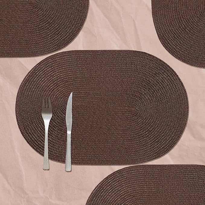 AHHFSMEI Placemats Set of 8 for Dining Table Washable Woven Non-Slip 18x12 inches Placemat Heat-Resistant Durable Table Mats for Dining Table Easy to Clean (Oval Brown, 8)
