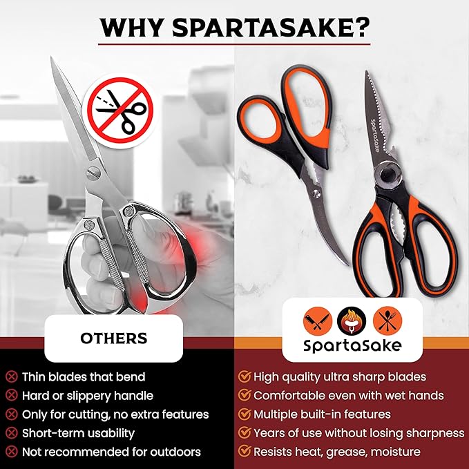 SpartaSake 2-Pack Premium Stainless Steel All Purpose Kitchen Shears with Sleeve - Heavy Duty Ultra Sharp kitchen Scissors for Food-Multipurpose Food Scissors for Meat Poultry Vegetable (Black-Orange)