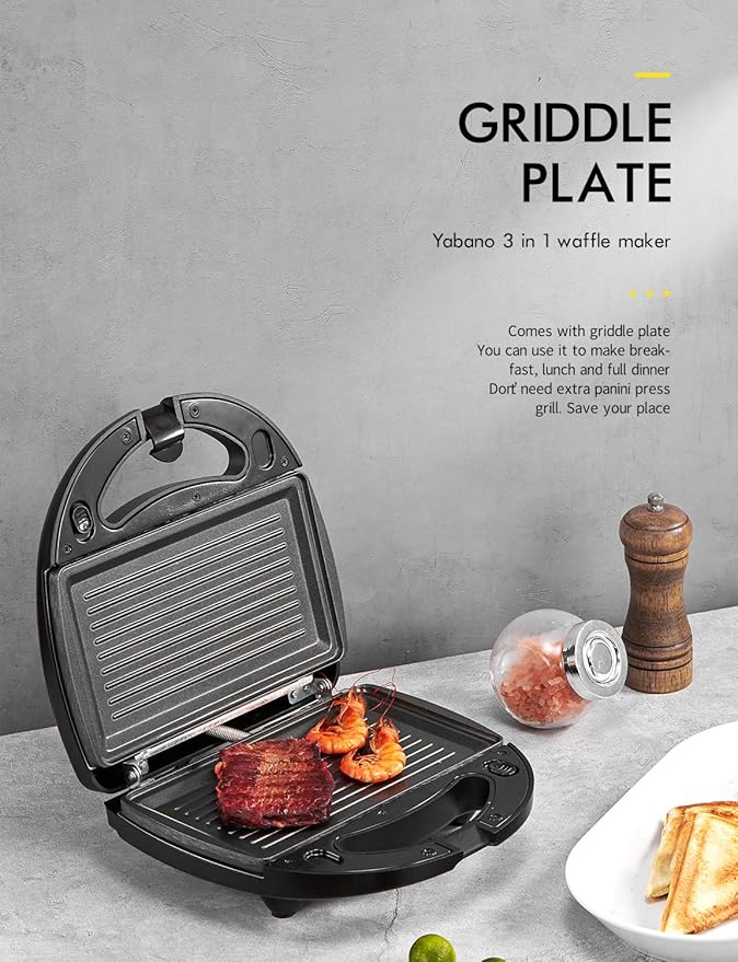 Yabano Sandwich Maker, 3 in 1 Waffle Maker, Toaster and Electric Panini Press Grill with Non-stick Coating Plate, Easy to Clean, Heating Up Fast