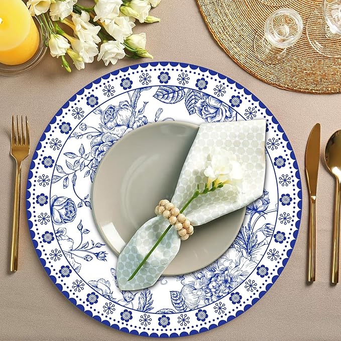 50 Pcs 14 Inch Blue Floral Paper Place Mats Chinoiserie Round Placemats Flower Disposable Decorative Table Mats for Dinner Table Setting Banquet Party Supplies