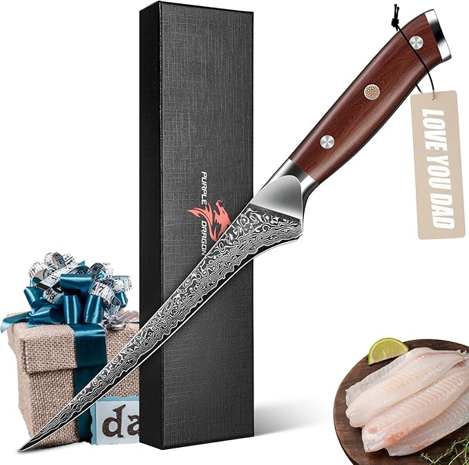 Purple Dragon Fillet Knife 7 Inch, Japanese Boning Meat Cutting Knives Razor-Sharp Meat Trimming Deboning – Professional Filet Fish Knife with Ergonomic Handle Christmas Gift for Men and Women