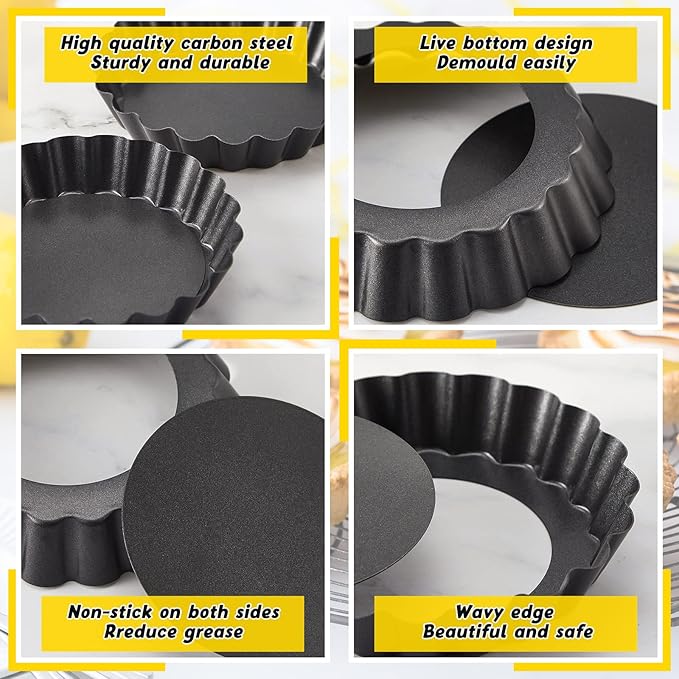 Uiifan 32 Pcs Mini Tart Pans Egg Tart Molds with Removable Bottom Round Nonstick Quiche Pan Mini Pie Pans Small Bakeware Mold Fluted Side for Mousse Cake Dessert Baking(3 Inch,Black Gray)