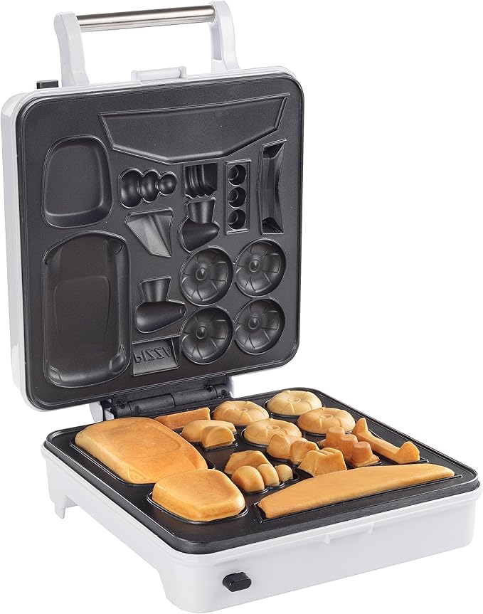 Auto Body Shop Waffle Maker- Mix & Match 20+ Custom Shaped Pieces to Build Cars, Trucks or Vehicles Out of WAFFLES! Breakfast Kids Adults Fun- Nonstick Quick Cleanup w 4 Removable Plates, Recipe Guide
