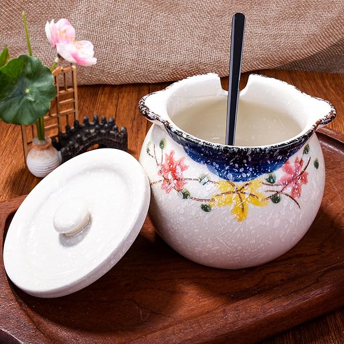 Japanese Red Flower Ceramic Sugar Jar & Spice Container with Lid & Stainless Steel Spoon Set – Kitchen Storage, Elegant Floral Design, Sustainable Gift (Zen-Inspired Tableware)