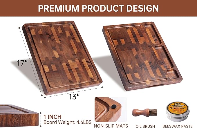 THETCHRY Walnut Wood Cutting Boards for Kitchen, Large Chopping Board Double Sided, End Grain Cutting Board with Handle, Charcuterie Butcher Block for Meal Prep & Serving with Gift Box, 17"×13"×1"