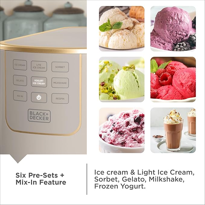 BLACK+DECKER Perfect Pint Ice Cream Maker for Homemade Frozen Treats, Gelato, Sorbet, Milkshakes, Frozen Yogurt, Light Ice Cream, Mix-Ins, Dairy-Free, Keto-Friendly Dessert Machine