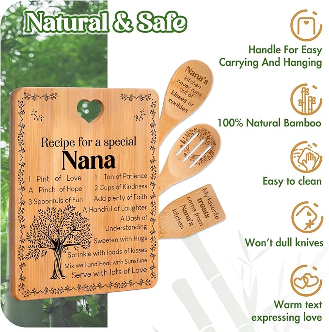 Gifts for Nana - "Recipe for a Special Nana" Nana Birthday Gifts Cutting Board Set, Bamboo-Made Engraved Utensil Set Nana Birthday Gifts, Grammy/Nanny/Granny/Gran Presents