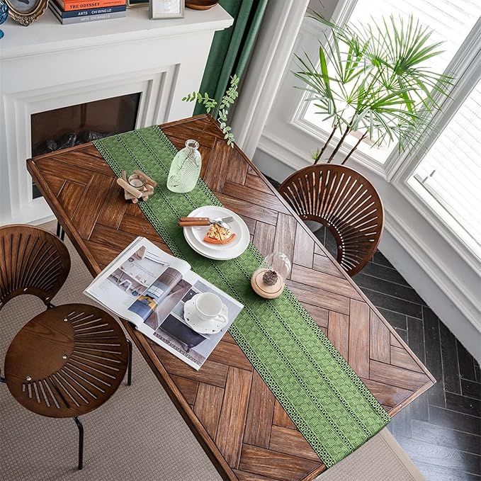 Alynsehom Macrame Table Runner Green Boho Table Runners with Tassels Hand Woven Cotton Table Runner Rustic Farmhouse Table Runners for Bohemian Kitchen Dining Table(12x108in)