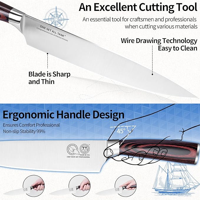 XYJ Authentic Since 1986, Knife Block Set, Kitchen Knives Set With Holder, Scissors, Professional Japanese Chef Knife Set, Paring Bread Carving Slicing Knife, Steak Knives