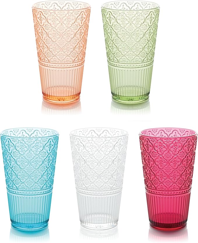 Victoria Green Set of 6 Premium Acrylic Ice Tea Glass 22 oz – Unbreakable Glassware with Elegant Embossed Design, Dishwasher Safe for Indoor & Outdoor Use