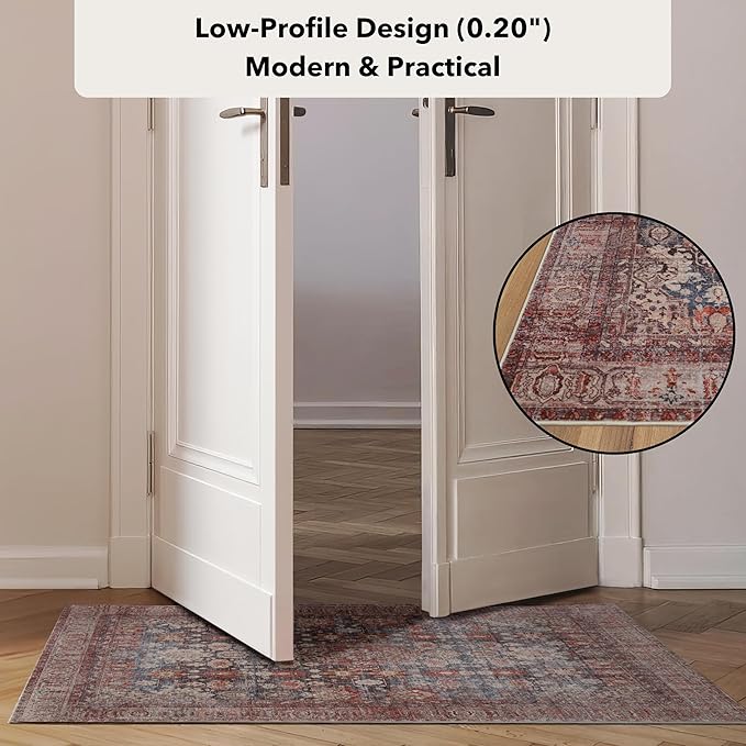 Kuden 2'6"x7' Runner Rug, Machine Washable Area Rug with Non-Slip Backing, Vintage Style, Soft, Easy Clean, Low Pile Rug for Hallway, Entryway, Kitchen, Bedroom