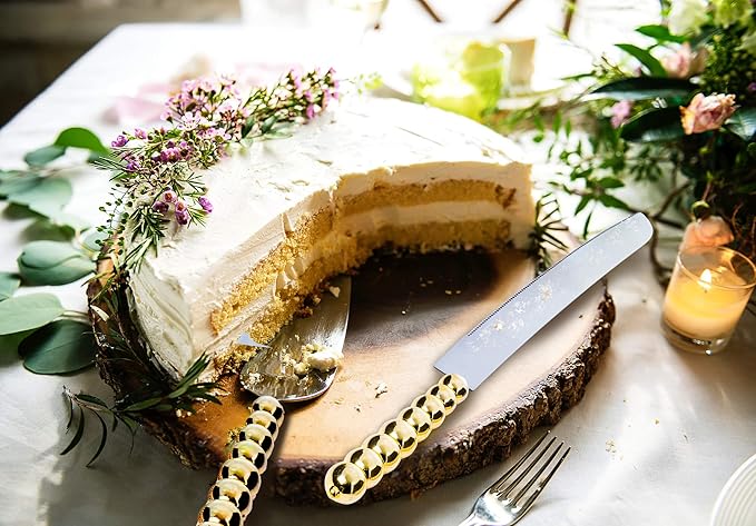 Homi styles wedding cake knife and server set | Elegant Gold Color With Beaded Handles & Premium 420 Stainless Steel Blades | Cake & Pie Serving Set For Wedding Cake,cake cutter Gift