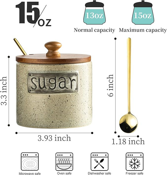 LYEOBOH 15OZ Sugar Bowl, Sugar Dish, Rustic Sugar Container with Wood Lid and Spoon for Coffee Bar, Dishwasher Safe, Stainless Steel Spoon - Farmhouse Kitchen Decor Housewarming Gift, Beige