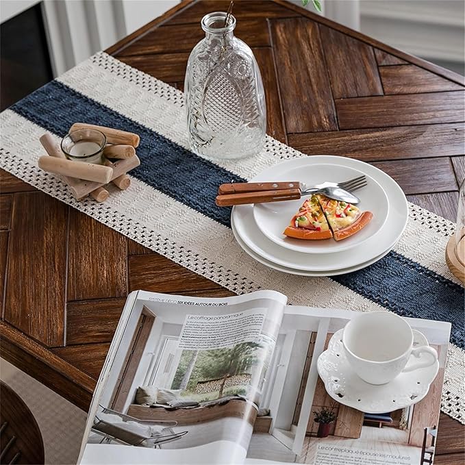 Alynsehom Macrame Table Runner Cream Beige and Blue Boho Table Runners with Tassels Hand Woven Cotton Table Runner Rustic Farmhouse Table Runners for Bohemian Kitchen Dining Table(12x95in)