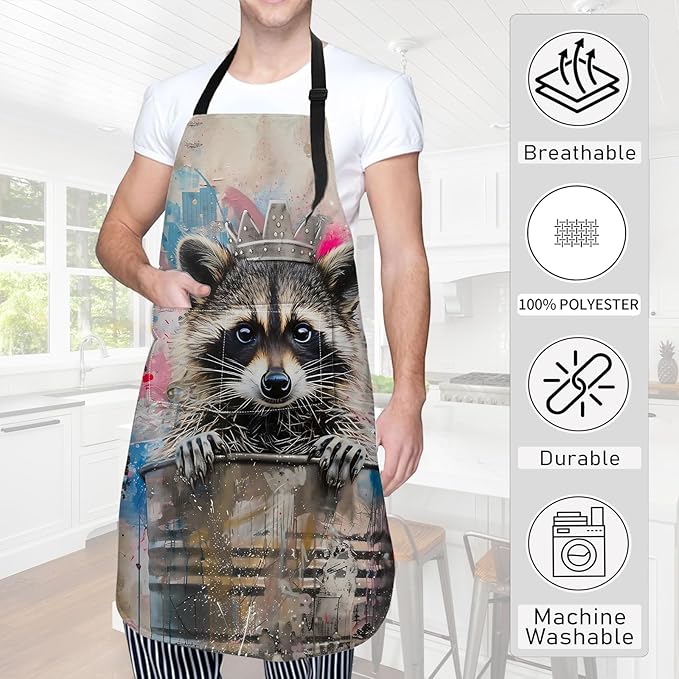 Graffiti Raccoon Apron Urban Street Art Trash Can Crow Aprons Waterproof Oxford Polyester Adjustable Pockets Design for Cooking, Crafting, Garden Decor, for Adults, 28x33 Inch