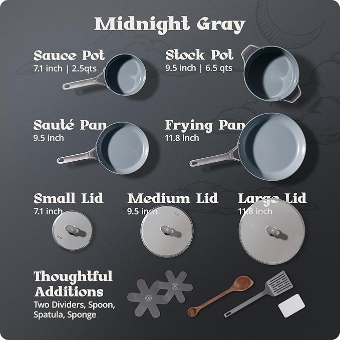 Premium Non-Toxic Ceramic Cookware Set – Triple-Layer Nonstick 12 Piece Pots and Pans with Lids, PFAS-Free, Oven Safe for Healthy Meals, Space-Saving Design, Midnight Gray Color | Greater Goods