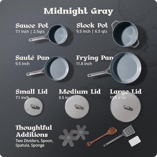 Premium Non-Toxic Ceramic Cookware Set – Triple-Layer Nonstick 12 Piece Pots and Pans with Lids, PFAS-Free, Oven Safe for Healthy Meals, Space-Saving Design, Midnight Gray Color | Greater Goods