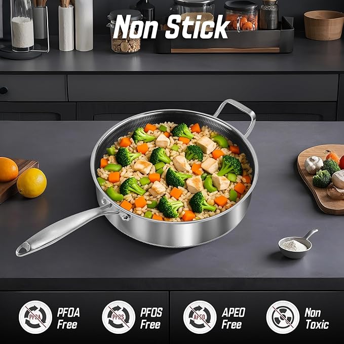 Toutrop Frying Pans Nonstick wih Lid, Non Stick Tri-Ply Stainless Steel Saute Pan, 7 Quarts Large Sauté Pan, 12 Inch Induction Cooking Pan, Dishwasher and Oven Safe, PFOA Free