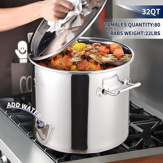 ARC 32QT Stainless Steel Tamale Steamer Pot w/Easy-fill Water Spout, Seafood Crab Steam with Divider and Steamer Rack, 8 Gallon