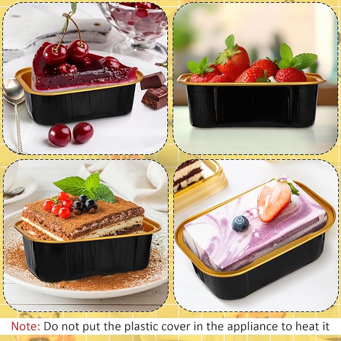Vesici 100 Sets Mini Loaf Pans with Lids, 5.7 oz Disposable Aluminum Foil Baking Cups, Rectangle Cake Pans for Pudding Desserts Muffin Baking Storage Valentines Wedding Birthday Party(Black Gold)