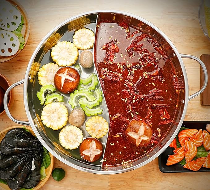 Nonstick Frying Pan Double Flavor Hot Pot Stainless Steel Shabu Hot Pot for Electric Induction Cooktop Gas Stove Kitchen Everything Pot with Glass Lid Stove Pot Uncoated Cookware,30CM