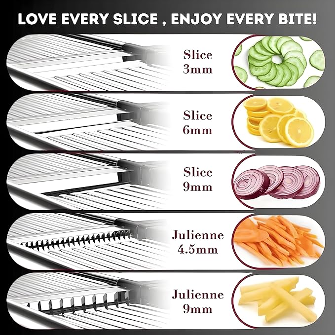 Mandoline Slicer for Kitchen, Adjustable Stainless Steel Vegetable Slicer & Chopper, Safe Mandolin Food Slicer for Potato, Onion, Tomato, Cucumber & Fruit, Julienne Blades with Cut-Resistant Gloves