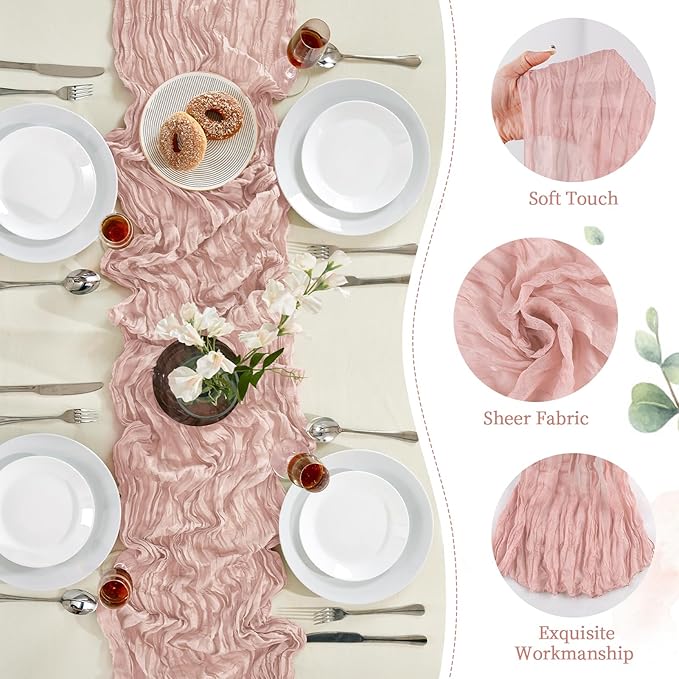 6 Pack Dusty Pink Valentine's Day Cheesecloth Table Runner 10FT Long Boho Gauze Table Runner Rustic Sheer Runner for Wedding Bridal Baby Shower Birthday Holiday Party Table Decor Easter Decorations