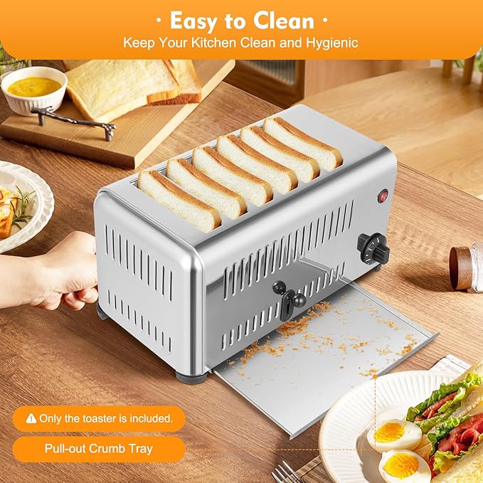 6-Slice Toaster Bread Baking Machine, 1-5 minute Timing Stainless Steel 1680W Commercial Electric Countertop Toaster with Extra Wide Slots & Crumb Tray for Toasting Bagels, Breads, Waffles & More