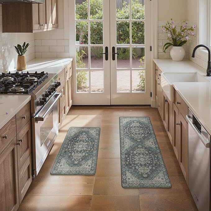 GENIMO Kitchen Mats for Floor, 2PCS Kitchen Rugs Non Slip Washable, Waterproof Anti Fatigue Mat, Comfort Standing Runner Rug for Sink, Office, Laundry, Home, 17.3"x47"+17.3"x30", Blue