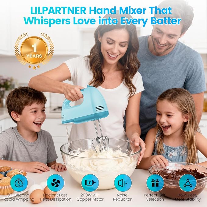 LILPARTNER Hand Mixer Electric, Small Food Mixer 7 Speeds Handheld Blender,304 *(1* Whisk, 2* Beater, 2*Dough Hook) Kitchen Blender for Cream, Cookies, Dishwasher Safe, Blue