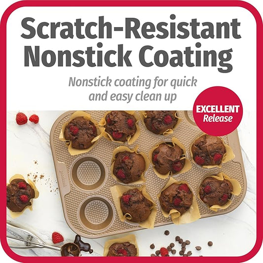 GoodCook BestBake Nonstick Textured Carbon Steel Muffin Pan, 12cp, Bronze