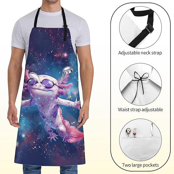 Cute Axolotl Apron for Women with Space,28x33in,Fun Cool Cosmic Kitchen Aprons with 2 Pockets,Oxford Fabric,Playful Adjustable Apron for Cooking Baking Gardening Chef,Gifts for Mom Wife