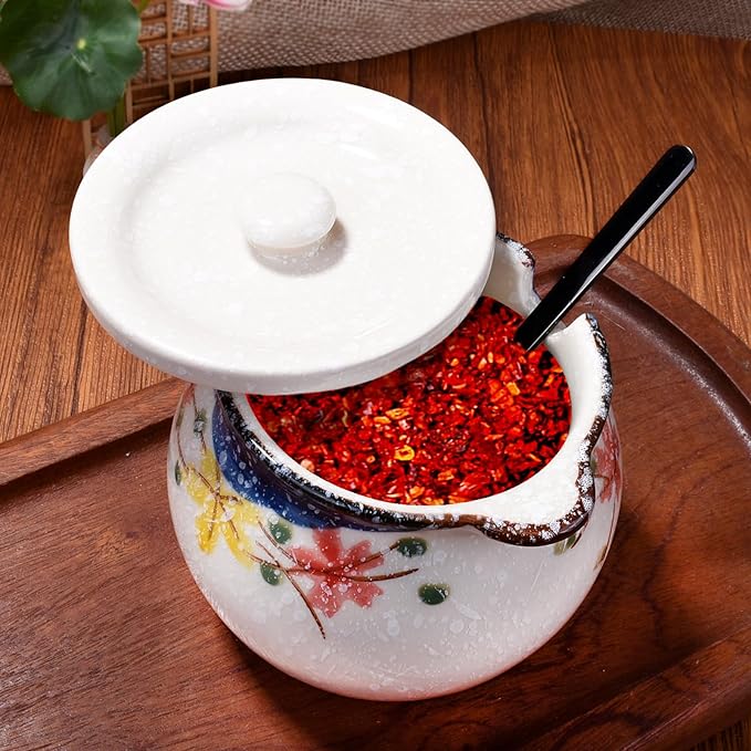 Japanese Red Flower Ceramic Sugar Jar & Spice Container with Lid & Stainless Steel Spoon Set – Kitchen Storage, Elegant Floral Design, Sustainable Gift (Zen-Inspired Tableware)