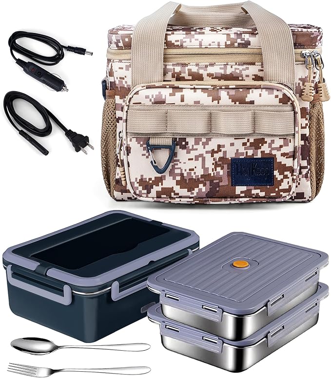 Electric Lunch Box with Insulated Lunch Bag, 60oz Heated Lunch Box for Adults Men,80W Portable Food Warmer Heatable Lunchbox for Car Truck Work, 12v/24v/110v Self Heating Lunch Boxes