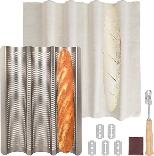 Barlket Baguette Bread Pan, Perforated French Bread Pan, Nonstick Bread Pans for Baking, with Baguette Kit – Includes Proofing Cloth & Dough Cutter, 15x11 Inch Gold, 3 Loaf
