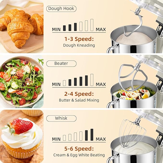 Babroun Dough Mixer 8.45 QT Electric Mixer - 660W 6 Speed Large Capacity Kitchen Stand Mixer with Whisk Dough Hook Mixing Beater Household Food Mixer for Baking Cakes Cookie Bread Salad