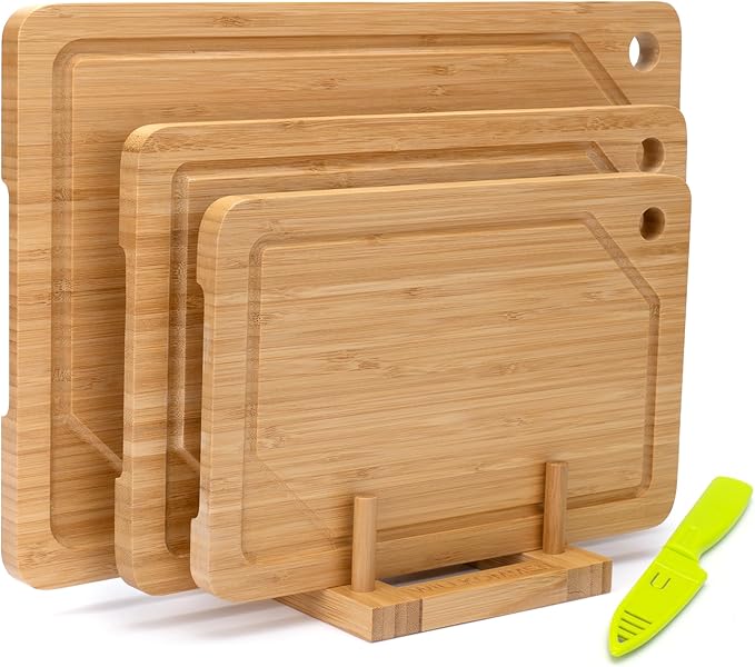 Bamboo Cutting Board Set of 3, Cutting Boards For Kitchen with Juice Groove, Bamboo Chopping Board Set, Serving Board Set for Meat, Vegetable and Cheese