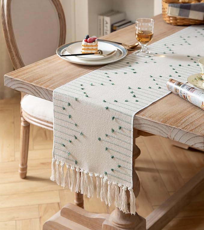 Boho Table Runner 13 x 48 Inch Long Natural Cotton Woven Runner with Tassels for Home Dining Table décor, for Modern Farmhouse Decor Coffee Table Runner, Green and Beige
