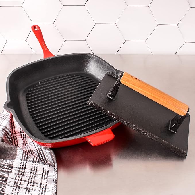 Berghoff Neo 2Pc Enameled Cast Iron Grill Set, Grill Pan 11 inches, Bacon/Steak Press 8 inches, Fast, Evenly Heat, Oven safe (Red)