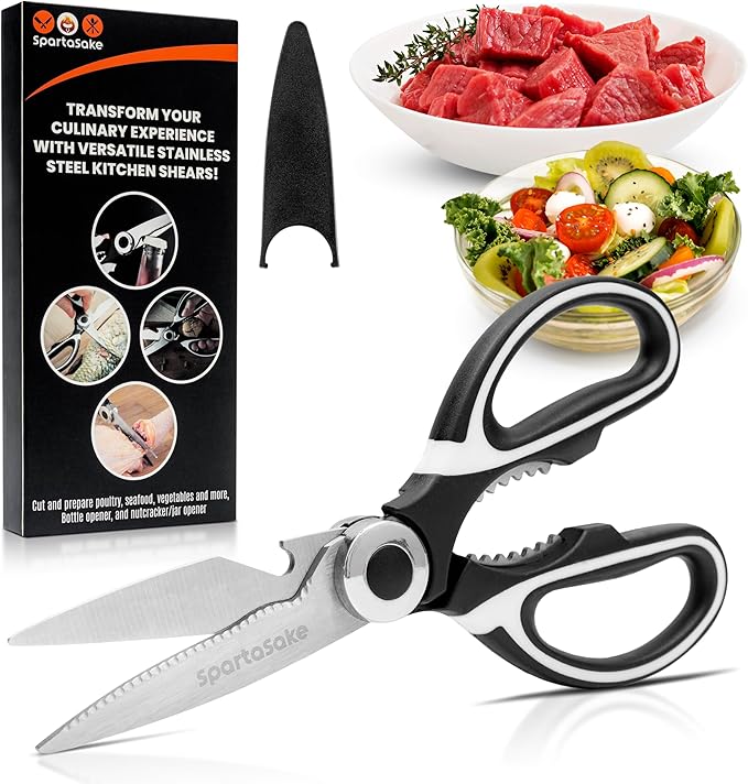 SpartaSake Premium Stainless Steel All Purpose Kitchen Shears with Sleeve - Heavy Duty Ultra Sharp kitchen Scissors for Food - Multipurpose Food Scissors for Meat Poultry Vegetable (Black-White)