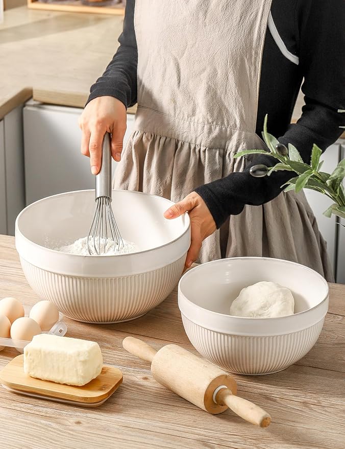 Ceramic Large Yellow Stripe Mixing Bowls for Kitchen, Set of 2 Big Serving Bowls for Cooking, Popcorn, Salad, Soup, Baking, Dough Bread Making Bowl, 10 inch + 8 inch, White