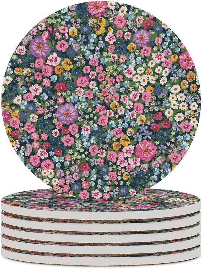 Round-6PCS Floral Ceramic Coasters, Round Absorbent Drink Coasters, Cartoon Abstract Wildflower Nature Plant Colorful Floral Ceramic Table Coasters for Coffee, Beverage, Wine, Beer Coasters