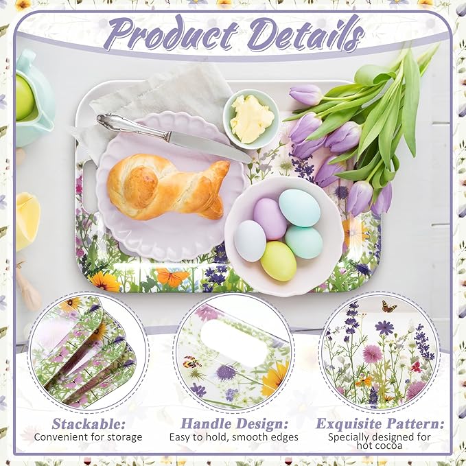 3 Pack Easter Serving Trays 16 x 11 Inch Wild Flowers Garden Easter Platters Rectangular Serving Dishes Decorative Trays for Spring Wedding Party