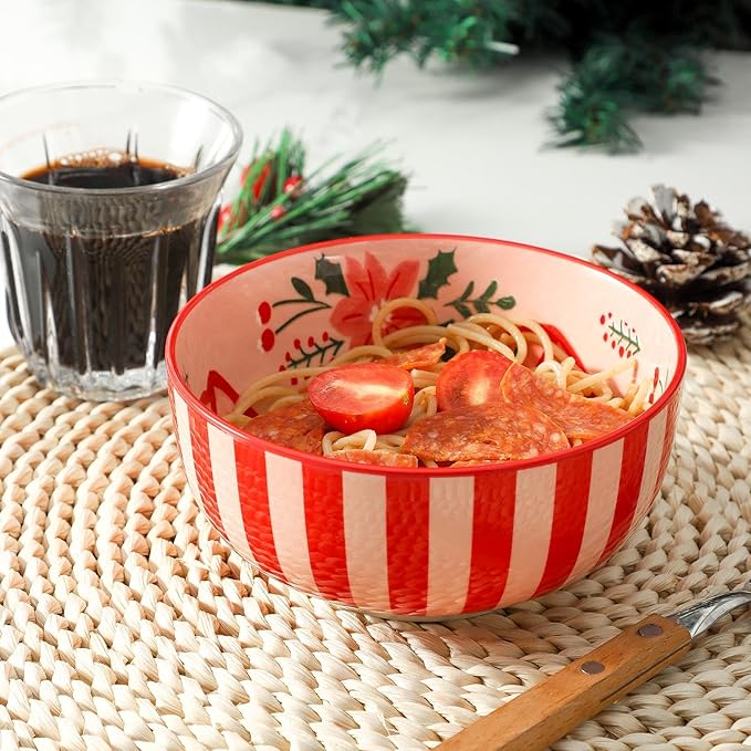 Tikooere Ceramic Soup Bowls Set of 6,30 Ounce Stoneware Cereal Bowl,Porcelain Nesting Bowls for Oatmeal,Popcorn,Soup,Pasta,Fruit,Christmas Gift,Microwave & Dishwasher Safe,Christmas Bow