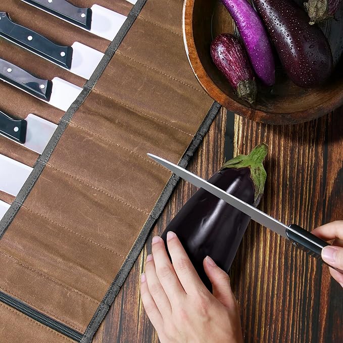 Chef Knife Roll Bag,Waxed Canvas Knife Travel Case,Heavy Duty Professional Knife Carrier Storage Holder with 10 Slots,Portable Kitchen Culinary Tool Organizer for Men,Fits up to 18.8” Knives.Khaki